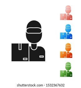 Black Delivery man with cardboard boxes icon isolated on white background. Door to door delivery by courier. Set icons colorful. Vector Illustration