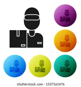 Black Delivery man with cardboard boxes icon isolated on white background. Door to door delivery by courier. Set icons colorful circle buttons. Vector Illustration