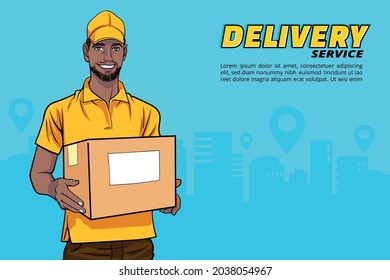 black delivery man employee holding big cardboard box In Retro Vintage Pop Art Comic Style