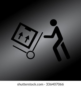 Black Delivery man pushing a cargo hand truck, vector icon