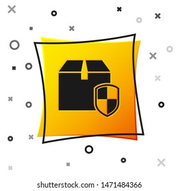 Black Delivery pack security symbol with shield icon isolated on white background. Delivery insurance. Insured cardboard boxes beyond the shield. Yellow square button. Vector Illustration
