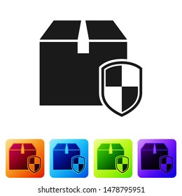 Black Delivery pack security symbol with shield icon isolated on white background. Delivery insurance. Insured cardboard boxes beyond the shield. Set icons in color square buttons. Vector Illustration