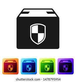Black Delivery pack security symbol with shield icon isolated on white background. Delivery insurance. Insured cardboard boxes beyond the shield. Set icons in color square buttons. Vector Illustration