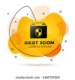 Black Delivery pack security symbol with shield icon on white background. Delivery insurance. Insured cardboard boxes beyond the shield. Abstract banner with liquid shapes. Vector Illustration