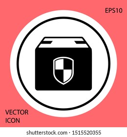 Black Delivery pack security symbol with shield icon isolated on red background. Delivery insurance. Insured cardboard boxes beyond the shield. White circle button. Vector Illustration