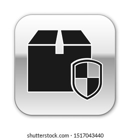 Black Delivery pack security symbol with shield icon isolated on white background. Delivery insurance. Insured cardboard boxes beyond the shield. Silver square button. Vector Illustration