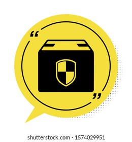 Black Delivery pack security symbol with shield icon isolated on white background. Delivery insurance. Insured cardboard boxes beyond the shield. Yellow speech bubble symbol. Vector Illustration