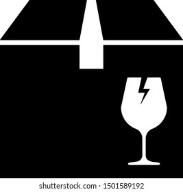 Black Delivery package box with fragile content symbol of broken glass icon isolated on white background. Box, package, parcel sign.  Vector Illustration