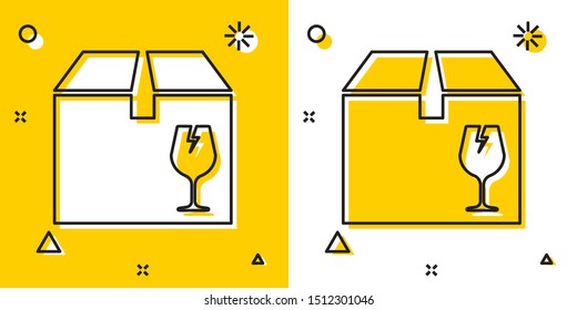 Black Delivery package box with fragile content symbol of broken glass icon isolated on yellow and white background. Box, package, parcel sign. Random dynamic shapes. Vector Illustration