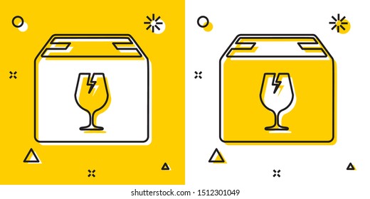 Black Delivery package box with fragile content symbol of broken glass icon isolated on yellow and white background. Box, package, parcel sign. Random dynamic shapes. Vector Illustration