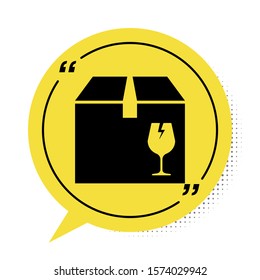 Black Delivery package box with fragile content symbol of broken glass icon isolated on white background. Box, package, parcel sign. Yellow speech bubble symbol. Vector Illustration