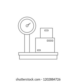 Black delivery package boxes scale thin line icon, luggage weigh checking. Simple modern flat design template for app, ui, ux, web, button, interface vector eps 10 isolated on white background 