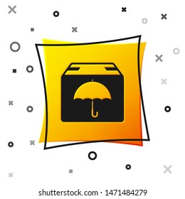 Black Delivery package with umbrella symbol icon isolated on white background. Parcel cardboard box with umbrella sign. Logistic and delivery. Yellow square button. Vector Illustration