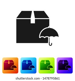 Black Delivery package with umbrella symbol icon isolated on white background. Parcel cardboard box with umbrella sign. Logistic and delivery. Set icons in color square buttons. Vector Illustration