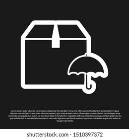 Black Delivery package with umbrella symbol icon isolated on black background. Parcel cardboard box with umbrella sign. Logistic and delivery.  Vector Illustration
