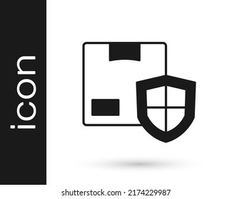 Black Delivery security with shield icon isolated on white background. Delivery insurance. Insured cardboard boxes beyond the shield.  Vector