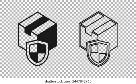 Negro Entrega de seguridad con icono de escudo aislado sobre fondo transparente. Seguro de entrega. Cajas de cartón aseguradas más allá del escudo.  Vector