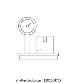Black delivery single package scale thin line icon, luggage weigh checking. Simple modern flat design template for app, ui, ux, web, button, interface vector eps 10 isolated on white background 