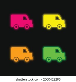 Black Delivery Small Truck Side View Four Color Glowing Neon Vector Icon