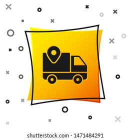 Black Delivery tracking icon isolated on white background. Parcel tracking. Yellow square button. Vector Illustration