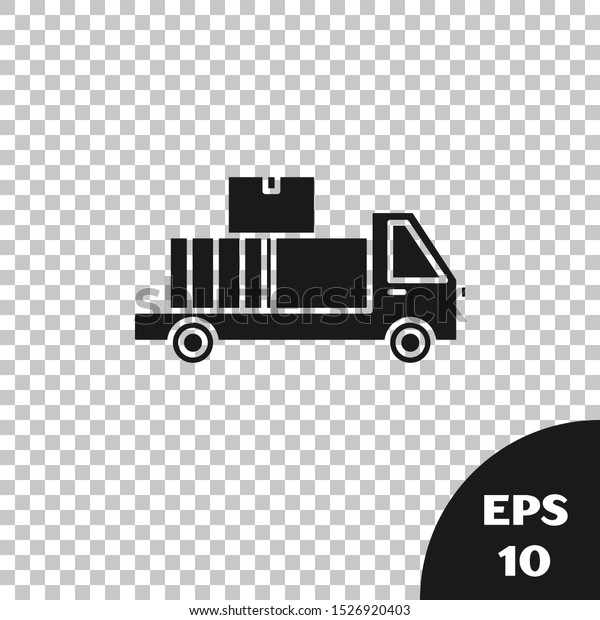 Black\
Delivery truck with cardboard boxes behind icon isolated on\
transparent background.  Vector\
Illustration