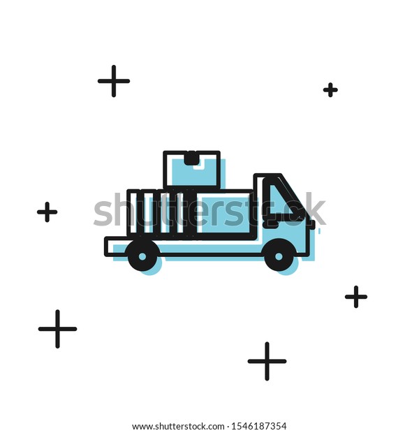 Black Delivery truck
with cardboard boxes behind icon isolated on white background. 
Vector Illustration