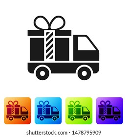 Black Delivery truck with gift icon isolated on white background. Set icons in color square buttons. Vector Illustration