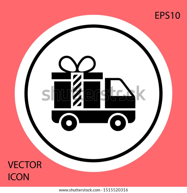 Black Delivery truck\
with gift icon isolated on red background. White circle button.\
Vector Illustration