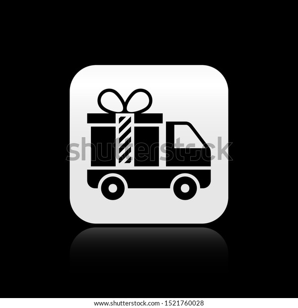 Black Delivery truck\
with gift icon isolated on black background. Silver square button.\
Vector Illustration