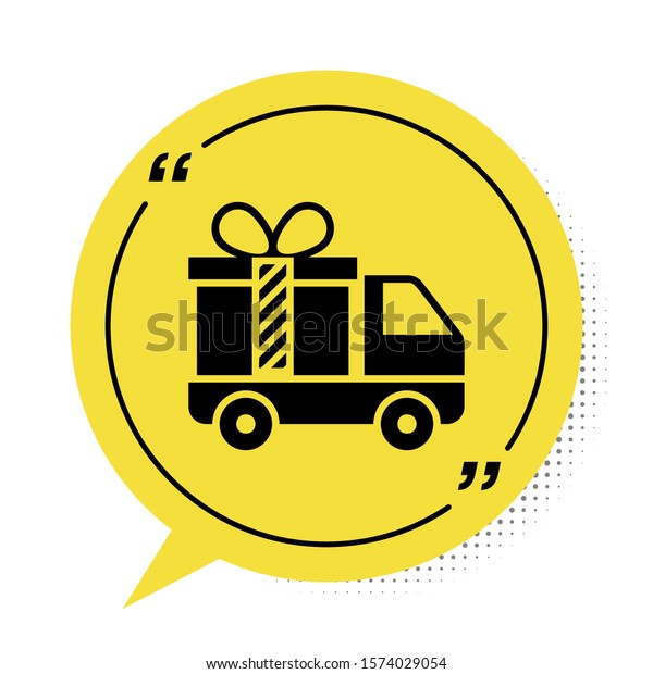 Black Delivery\
truck with gift icon isolated on white background. Yellow speech\
bubble symbol. Vector\
Illustration