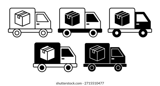 Paquete de icono de camión de entrega negro que representa servicios de envío, logística y transporte.