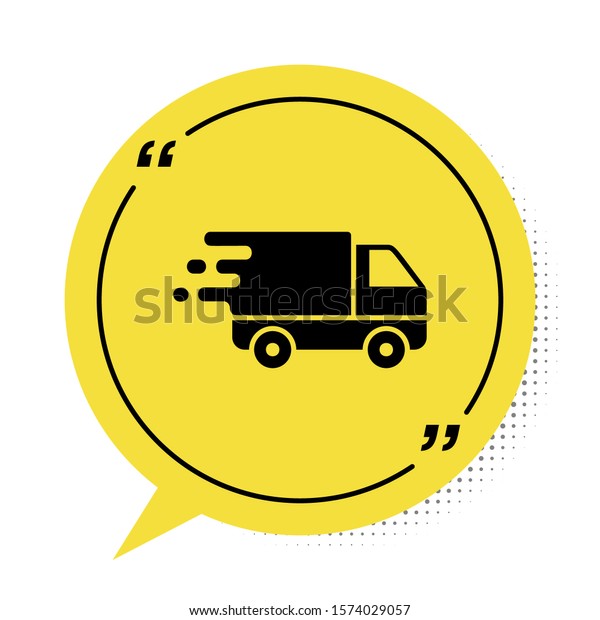 Black Delivery truck in movement icon\
isolated on white background. Fast shipping delivery truck. Yellow\
speech bubble symbol. Vector\
Illustration
