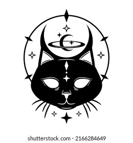 Black demon face cat with crescent moon and stars boho tattoo icon vector design.