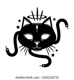 Black demon face cat with tail snake and stars on white background boho tattoo icon vector design.	