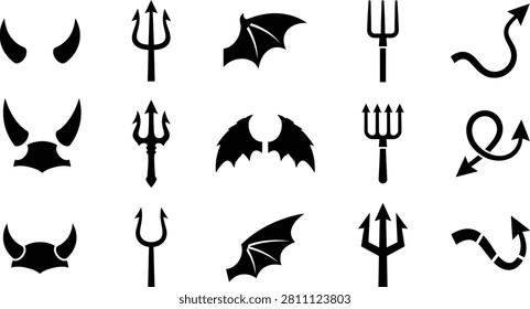 Black demon icon set, hellish symbols, flat vector shapes.
