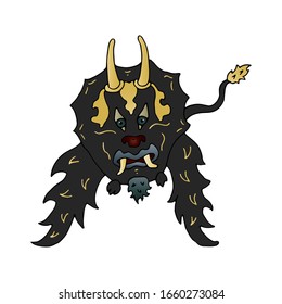 Black demonic dragon hand drawn illustration isolated on white background. Fantastic mythical dragon. Сartoon character for print t-shirt, cup, flyer, postcard design, children book illustration.