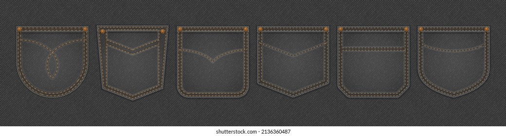 Black Denim Cloth Texture With Pockets With Stitches And Rivets. Vector Realistic Background Of Dark Gray Jean Fabric With Samples Of Different Pockets For Pants Back