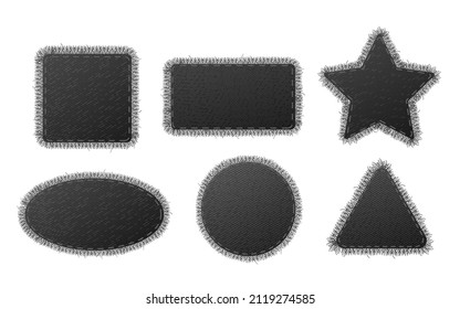 Black denim patches and textile frames collection with stitch and fringe of different shapes, realistic vector illustration isolated on white background.