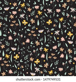 Black, dense seamless vector pattern with leaves and florals editable and separable