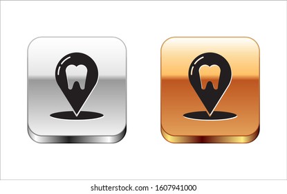 Black Dental clinic location icon isolated on white background. Silver-gold square button. Vector Illustration