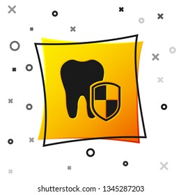 Black Dental protection icon isolated on white background. Tooth on shield logo. Yellow square button. Vector Illustration