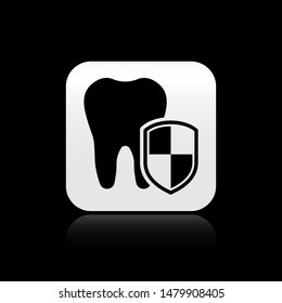 Black Dental protection icon isolated on black background. Tooth on shield logo. square button. Vector Illustration