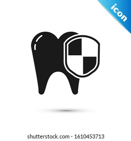 Black Dental protection icon isolated on white background. Tooth on shield logo.  Vector Illustration