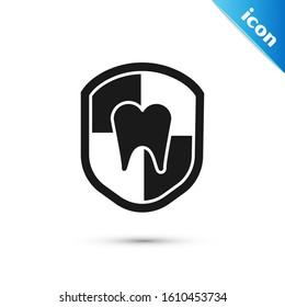 Black Dental protection icon isolated on white background. Tooth on shield logo.  Vector Illustration