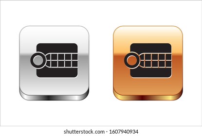 Black Dentures model icon isolated on white background. Dental concept. Silver-gold square button. Vector Illustration