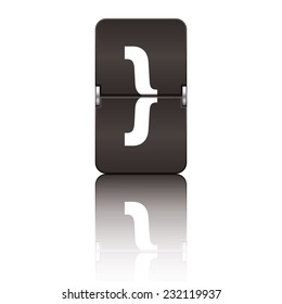 Black departure board letter curly brackets end from a series of flipboard letters.