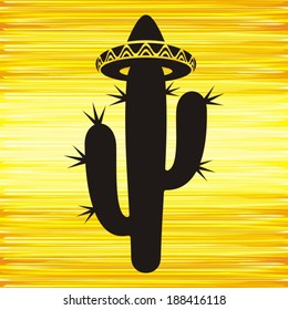 Black desert cactus silhouette with sombrero on yellow
