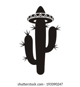 Black Desert Cactus Silhouette With Sombrero Isolated