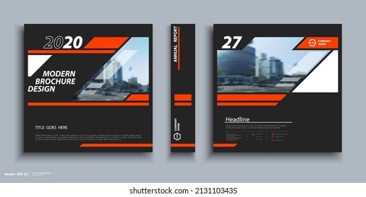 Black design, brochure covers. Business information banner frame. Annual report. Set of title page. Modern images. Font text. Design of orange stripes. Urban Architecture. Promotional, City, folder