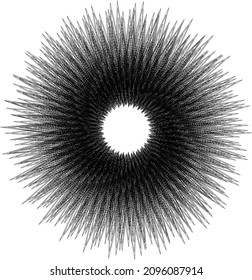 Black design element, shape, spiky spiral star with ruffed, distressed edges. Sunburst effect. Transparent background. Abstract vector illustration, eps 10.